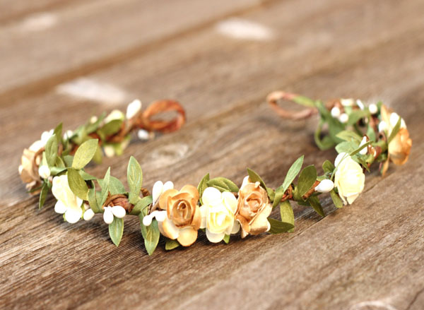 Rustic Wedding Earth Tone Flower Crown Ivory and Gold with Greenery Garland Bridal Headband